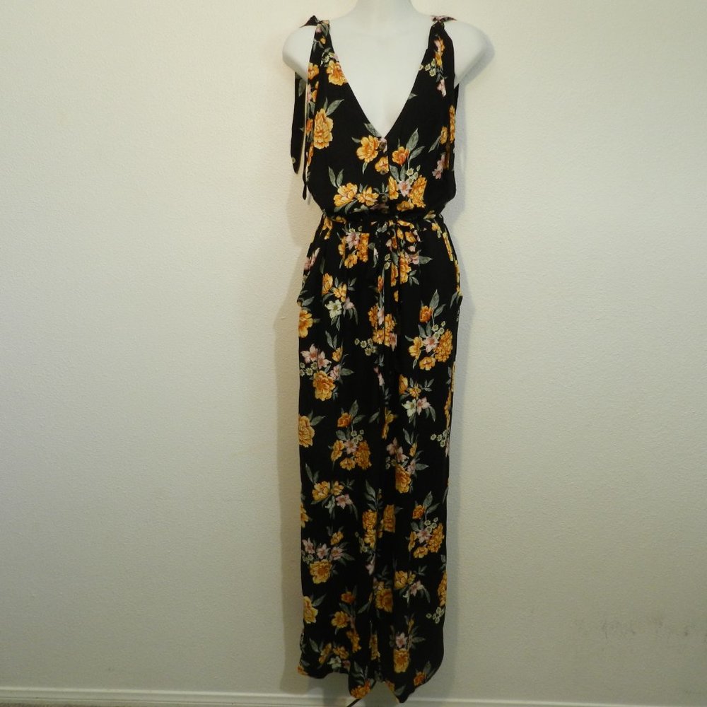 Black, yellow & pink floral print double V neck, gathered waist, wide leg jumper